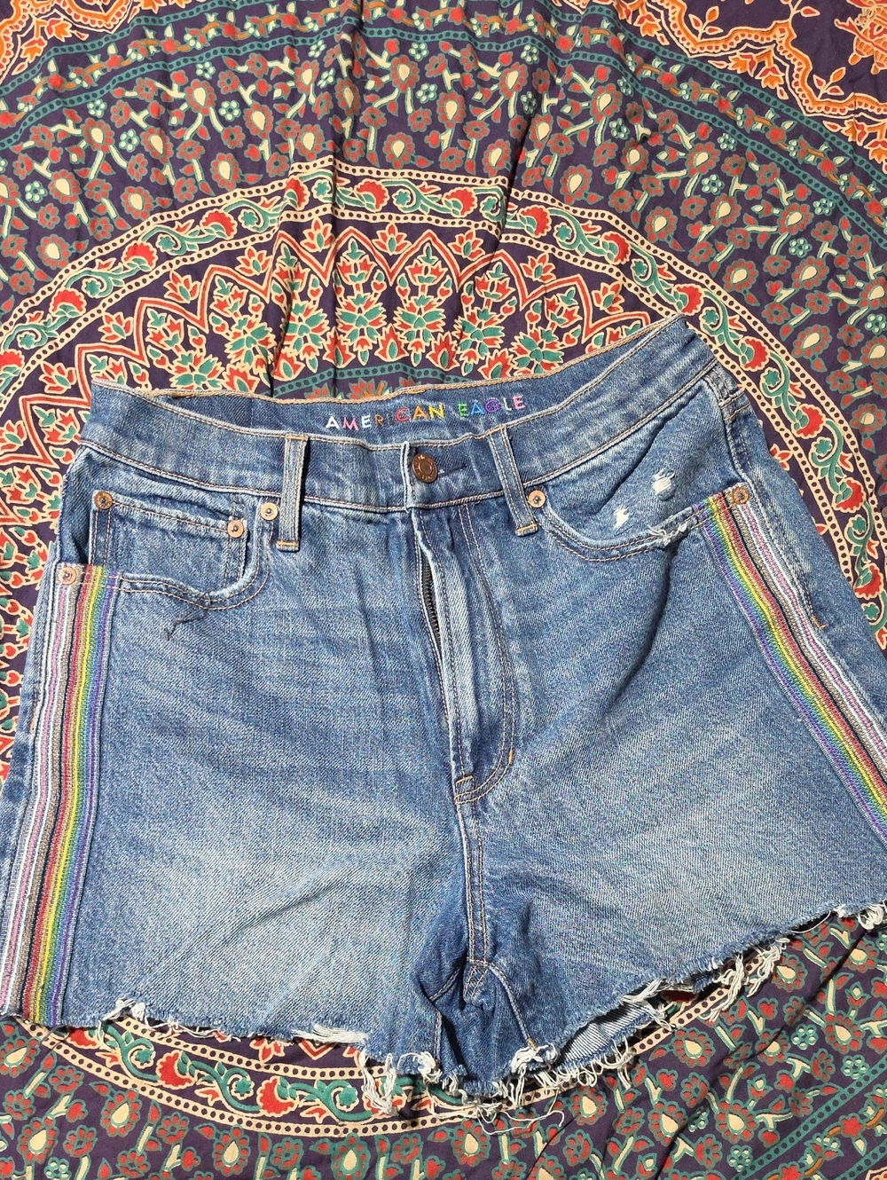 American Eagle Outfitters Blue Denim Shorts with Rainbow Side Stripes
